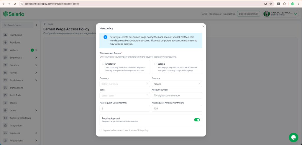Create an Earned Wage Access policy in Salario